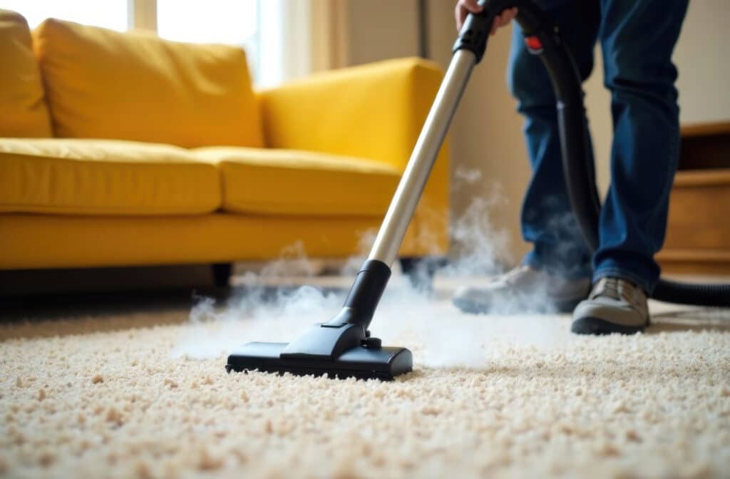 Personne nettoie un tapis clair à la vapeur dans un salon. De la vapeur s'échappe de l'aspirateur, près d'un canapé jaune.
